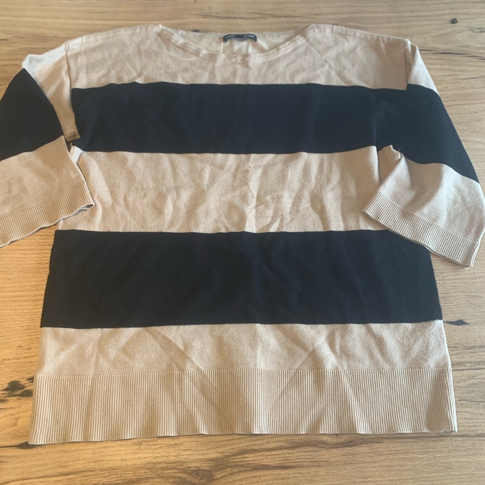 Cable and Gaige Broad Stripe 3/4 Sleeve Boatneck Sweater Black Tan Women’s M Pre